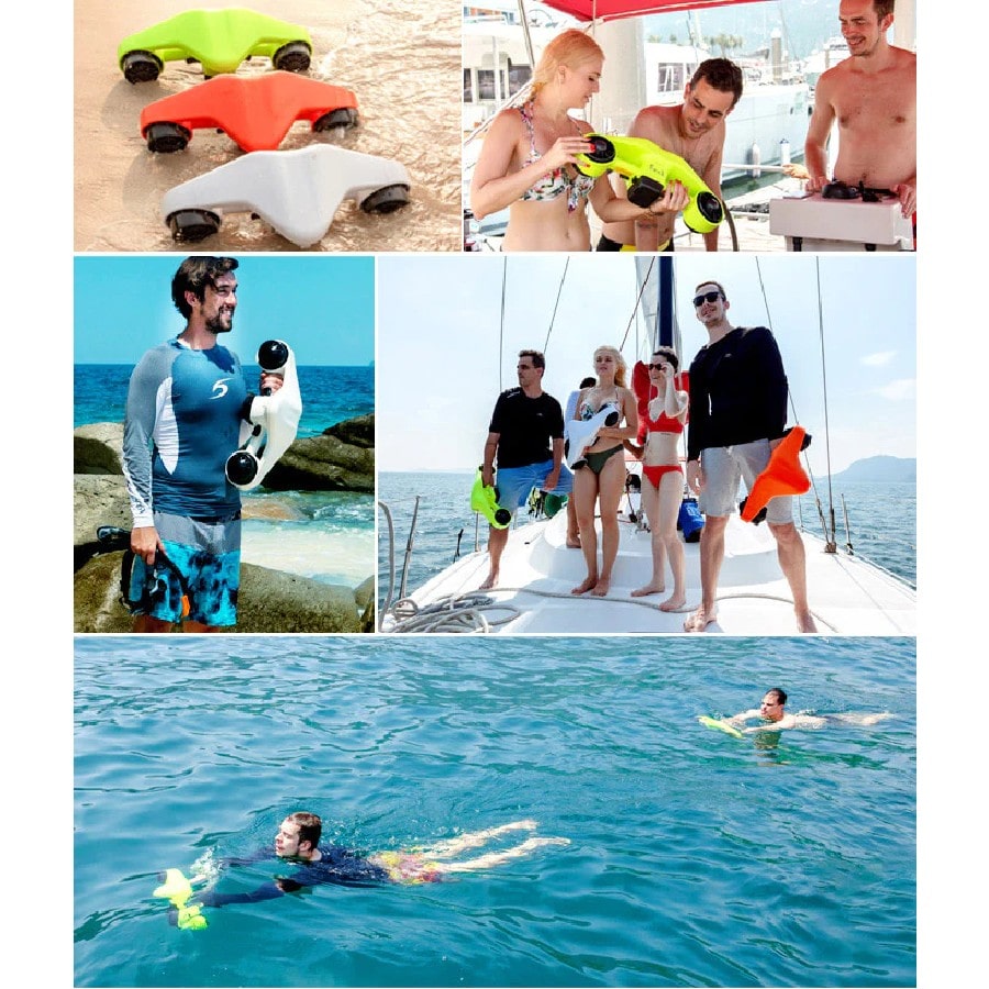 Collage of people with Asiwo Manta sea scooters.