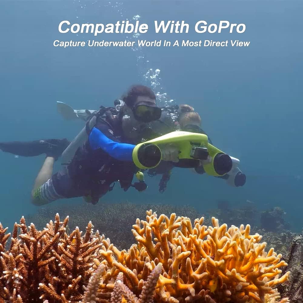Scuba divers using Asiwo Manta underwater scooters with GoPro action cameras mounted.