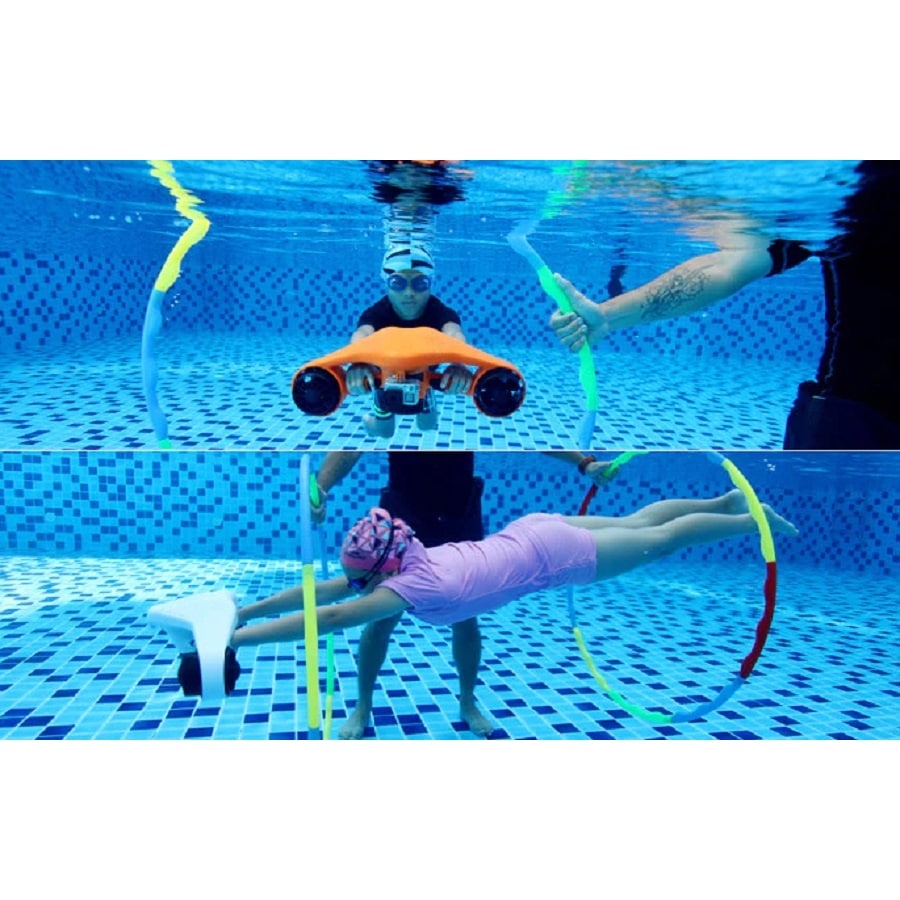 Two kids going through pool obstacles with Asiwo Manta Underwater scooters.