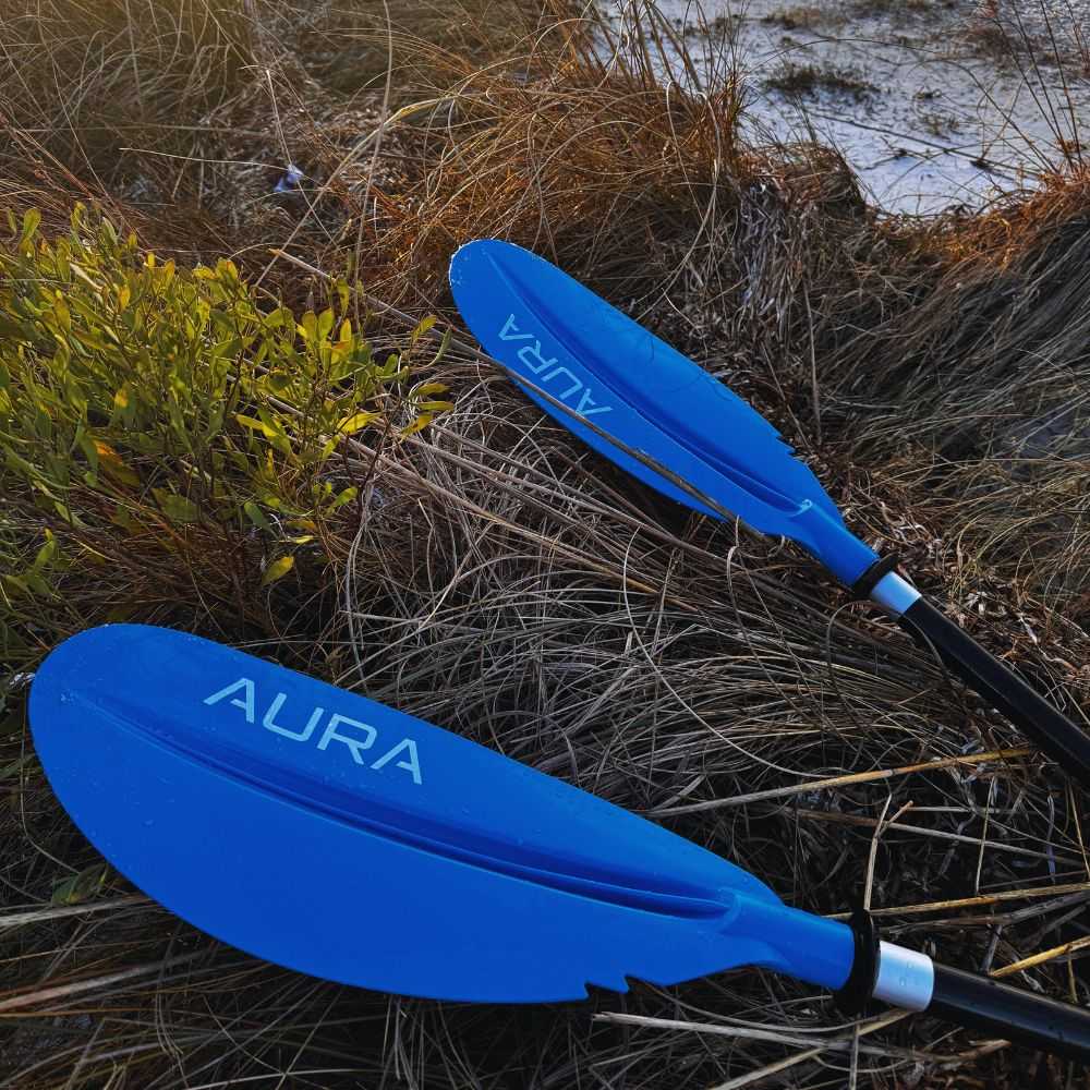 Close-up of Aura Kayaking dual head paddles.