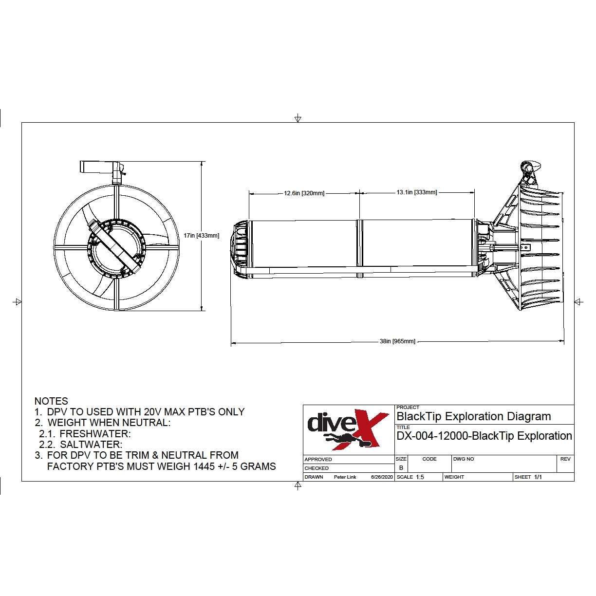 Diagram and dimensions of Dive Xtras BlackTip Exploration underwater scooter.