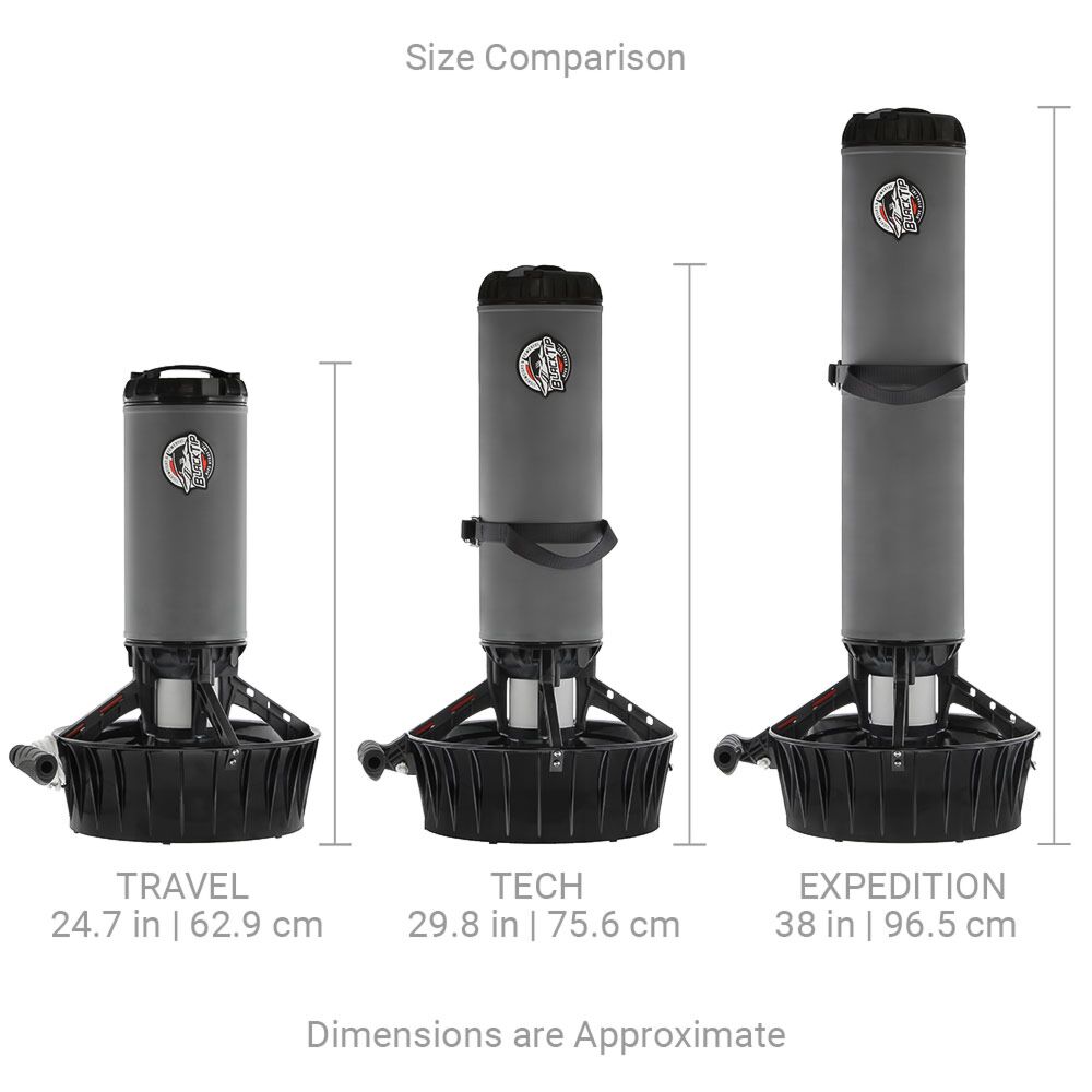 Dive Xtras BlackTip Travel underwater scooter size comparison.