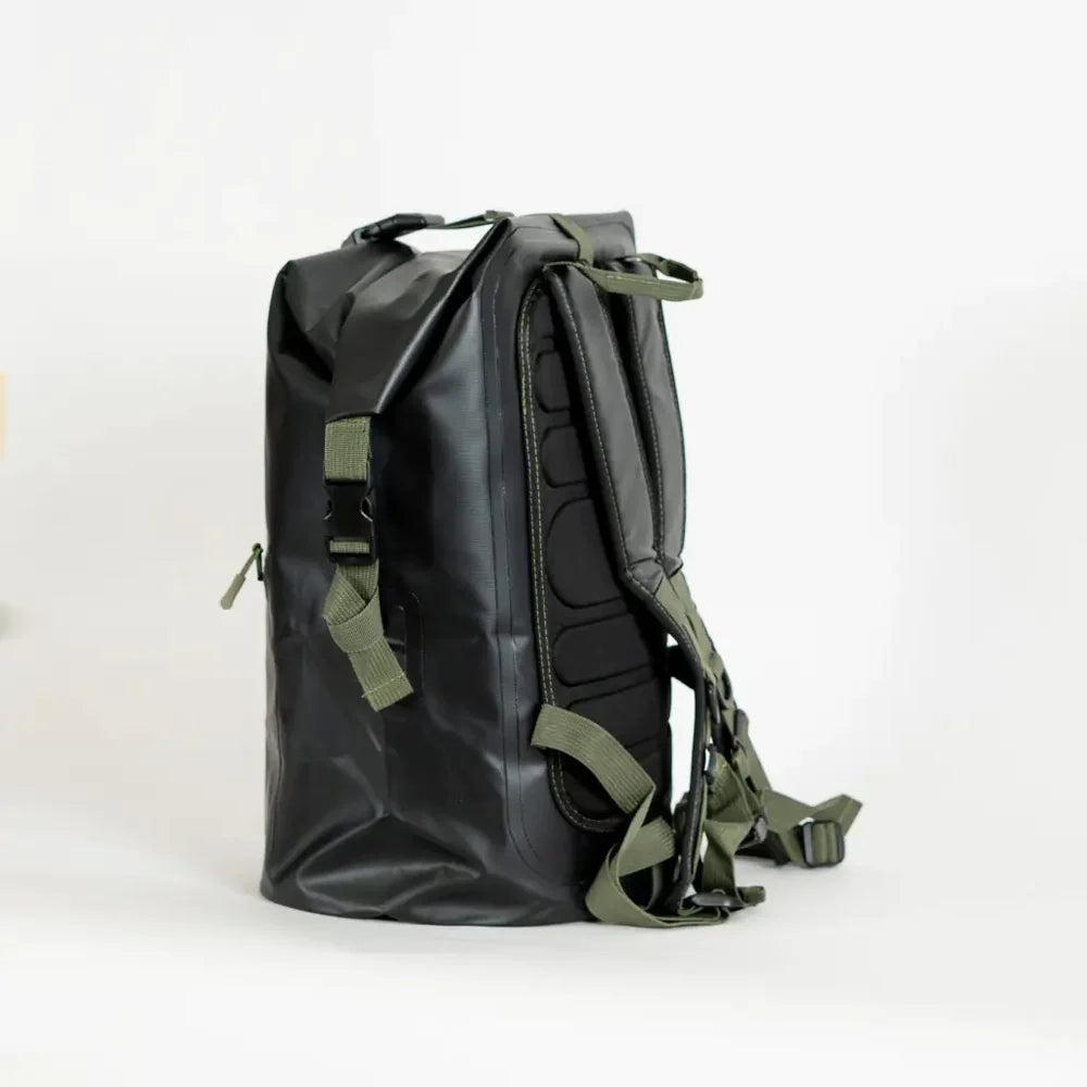 Rear side view of a FARO dry bag with updated and reinforced features of waterproof backpack for travelers.