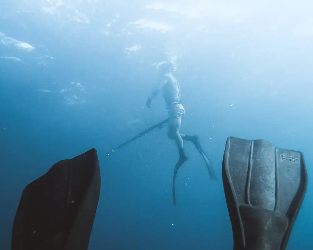 Freediver holding spear gun while spearfishing underwater.