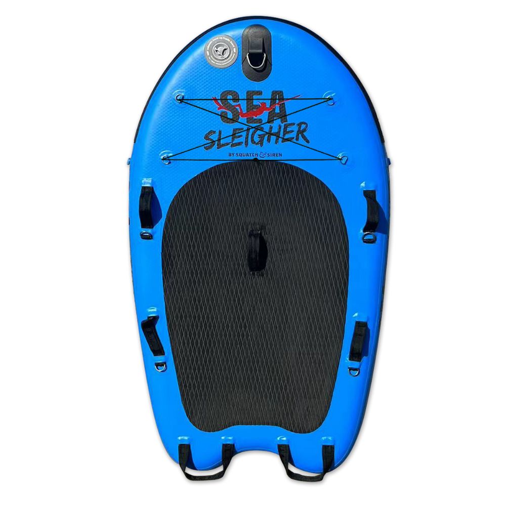 Squatch and Siren Sea Sleigher parrotfish blue inflatable dive raft top view.