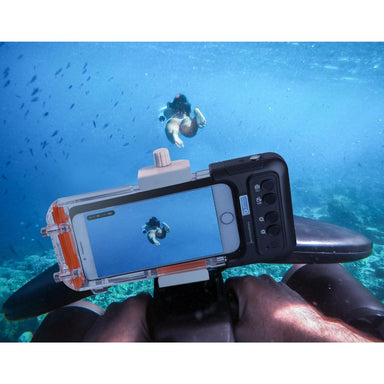 Best smart waterproof phone case attached to Sublue Whiteshark MixPro underwater scooter in the ocean for photography and videography.