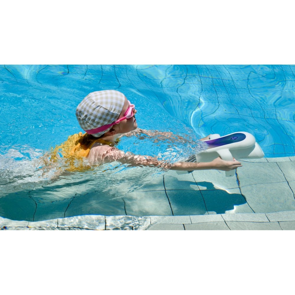 Child swimming with Sublue Hagul EZ underwater scooter in pool.