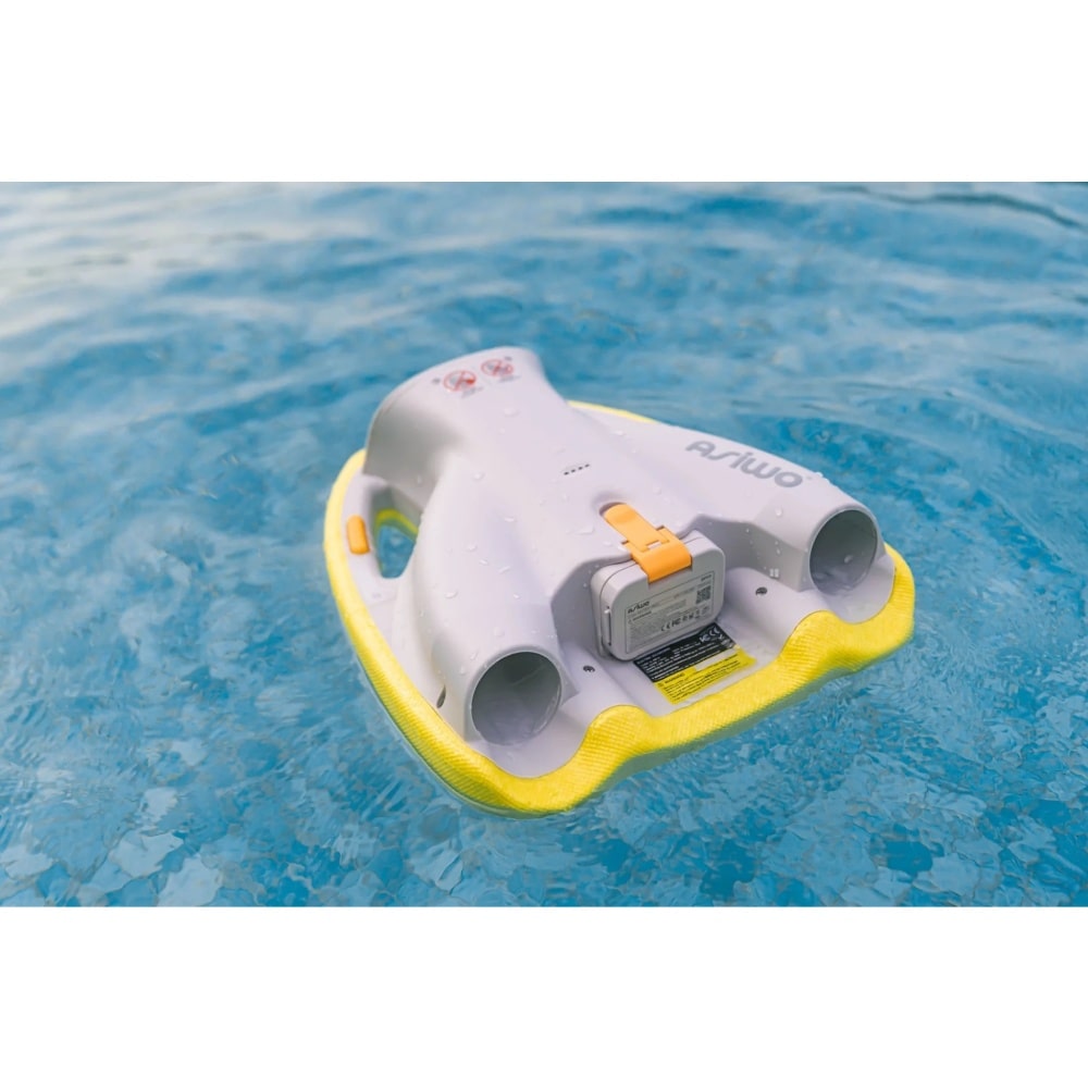 Yellow Asiwo Mako Electric Kickboard floating upside down in pool.