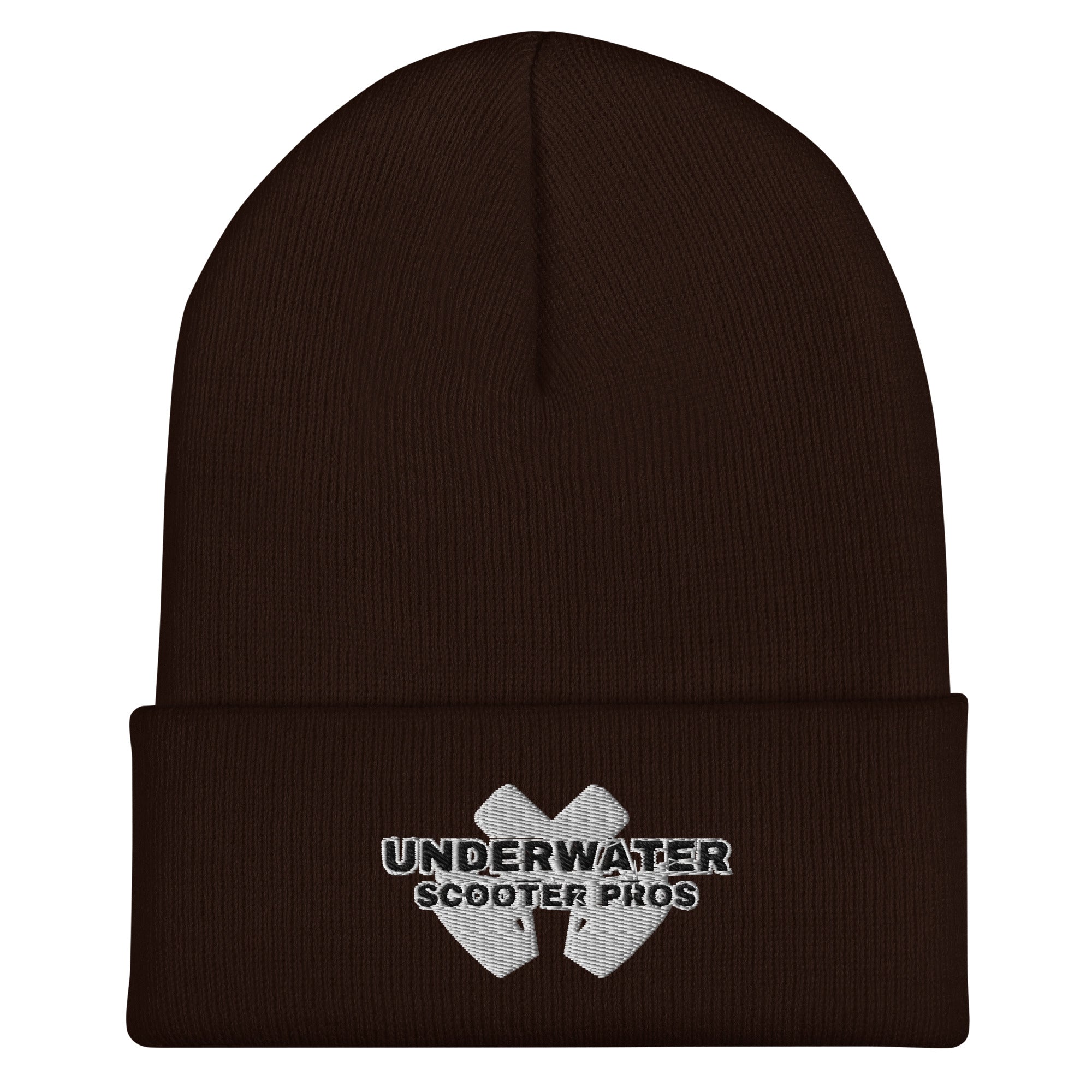 Underwater Scooter Pros Cuffed Beanie in brown.