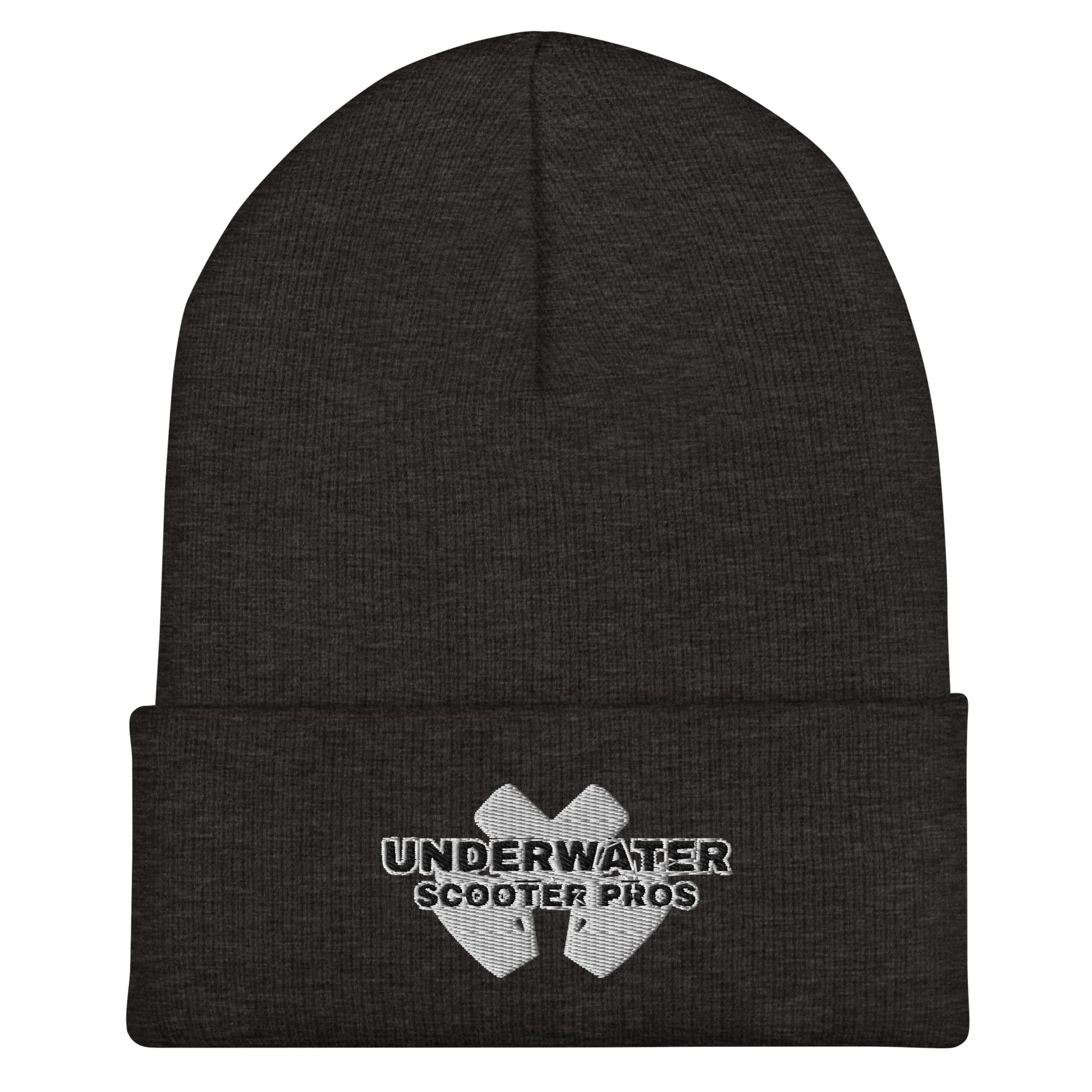 Underwater Scooter Pros Cuffed Beanie in charcoal grey.