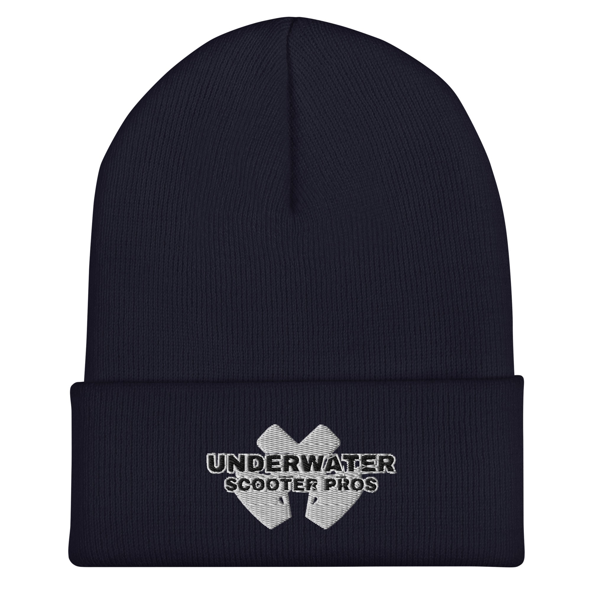 Underwater Scooter Pros Cuffed Beanie in navy blue.