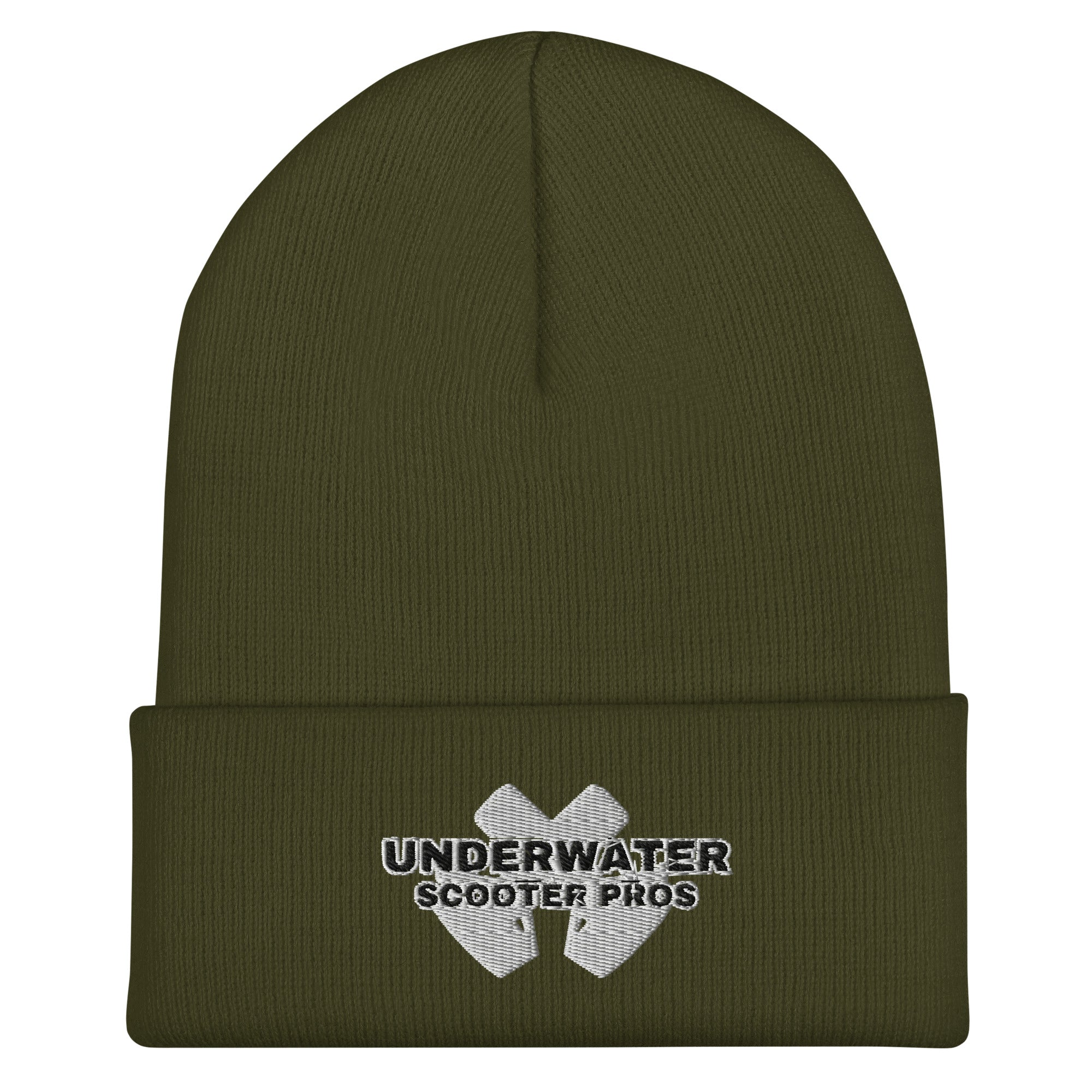 Underwater Scooter Pros Cuffed Beanie in olive.