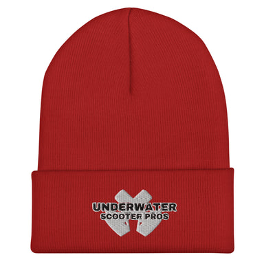 Underwater Scooter Pros Cuffed Beanie in red.