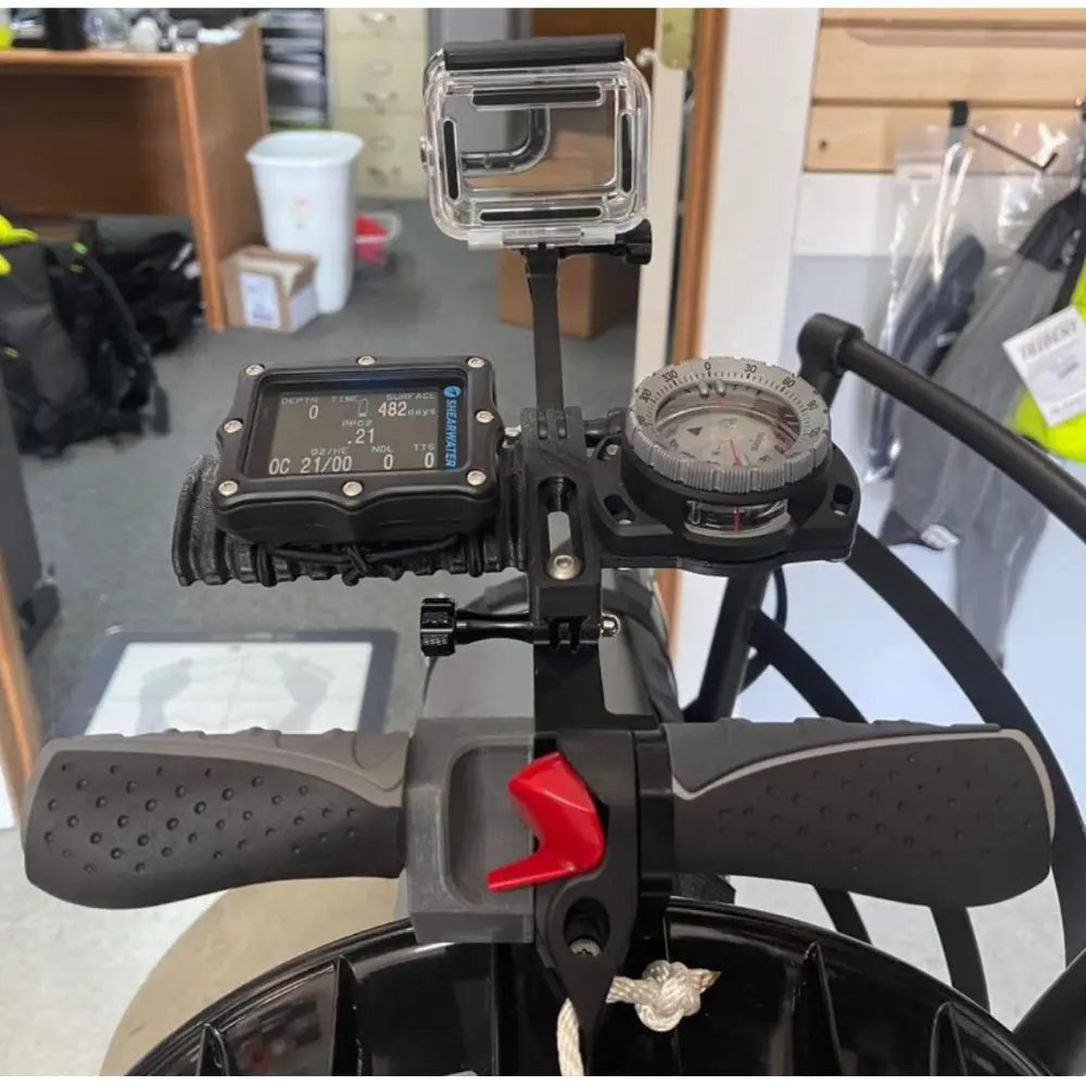 Dive Xtras BlackTip Dual Hand Grips installed with computer, compass, and GoPro mounts.
