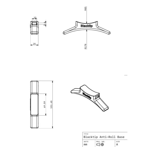 DiverCraft3D BlackTip DPV Anti-Roll Base Dimensions
