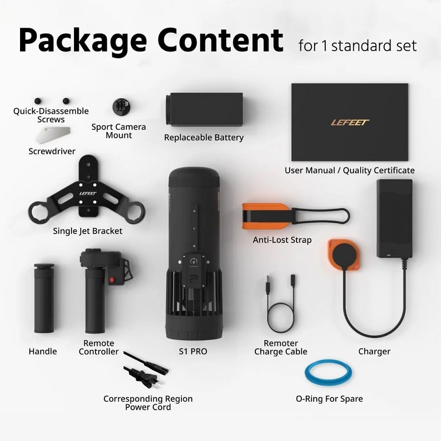 Lefeet S1 Pro underwater scooter package contents.