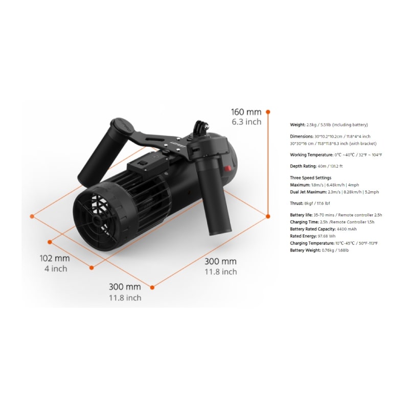 Lefeet S1 Pro underwater scooter product dimensions and additional specifications.