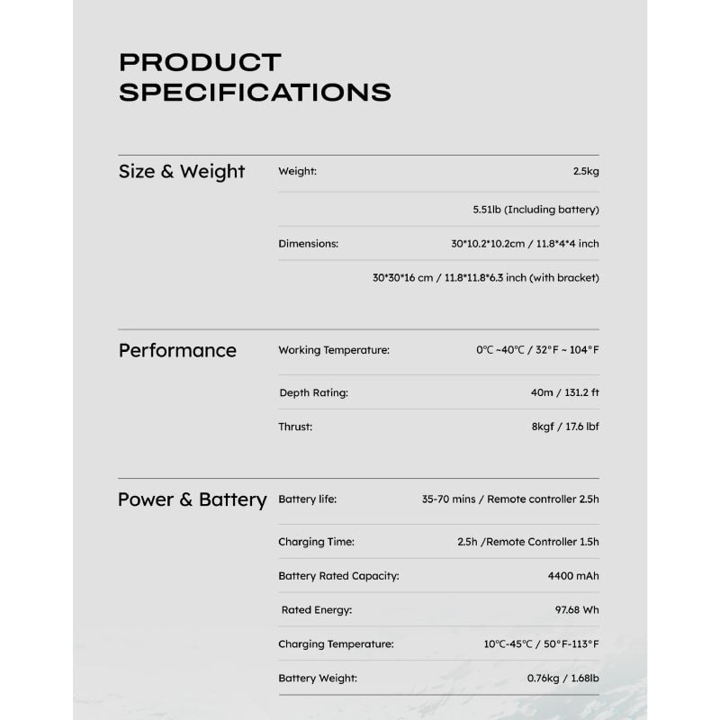 Lefeet S1 Pro Underwater Scooter product specifications.