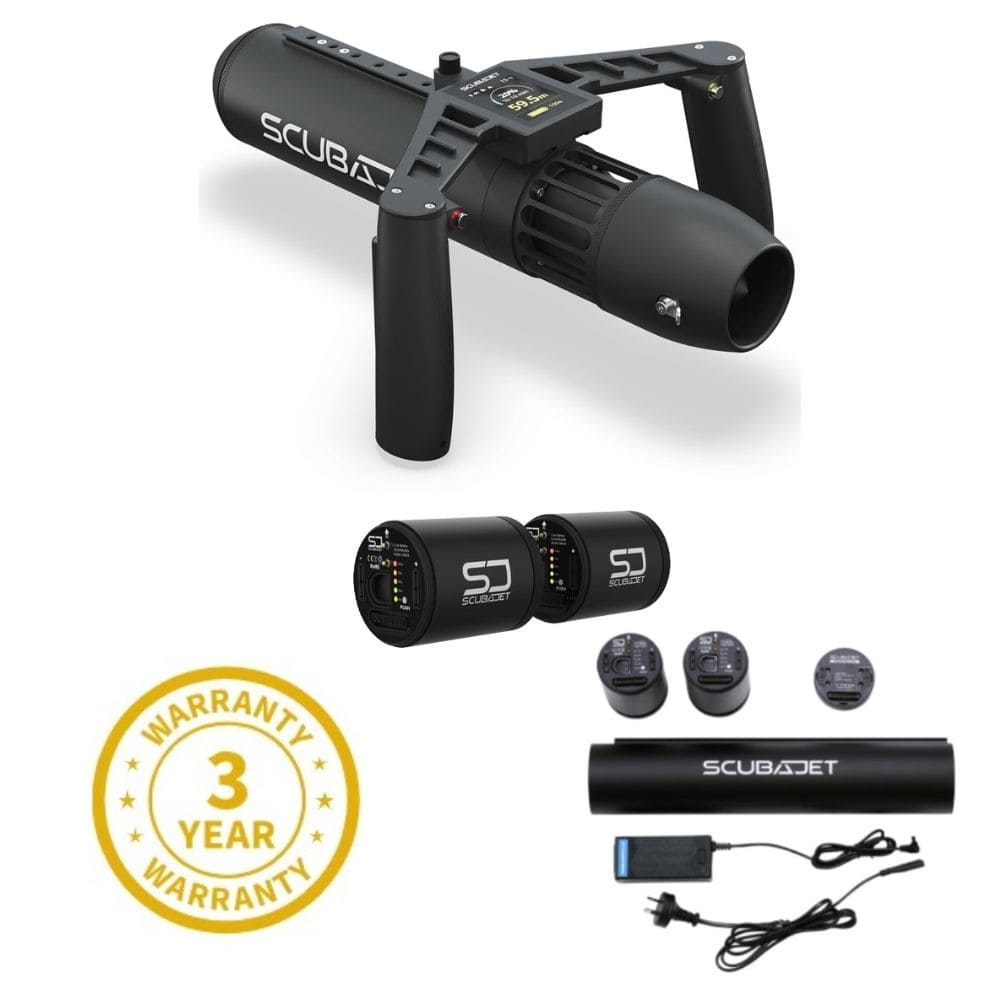 SCUBAJET PRO Dive Kit underwater scooter with Smart Batteries, 3-Year Warranty, and Extended Range Tube Kit.