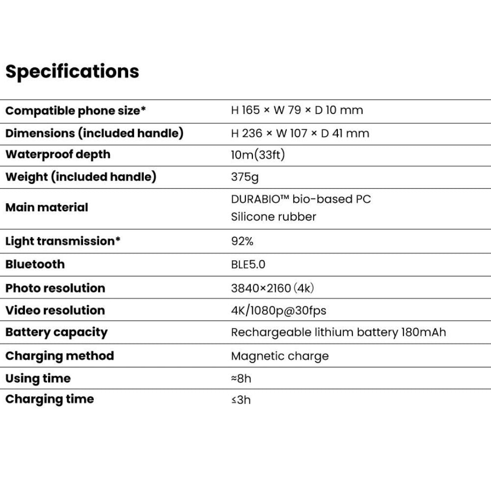 Specifications of the best underwater waterproof cell phone case for photography.