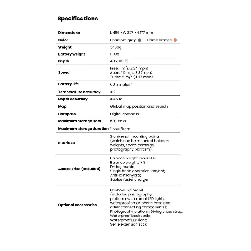 Sublue Navbow+ Underwater Scooter Specifications