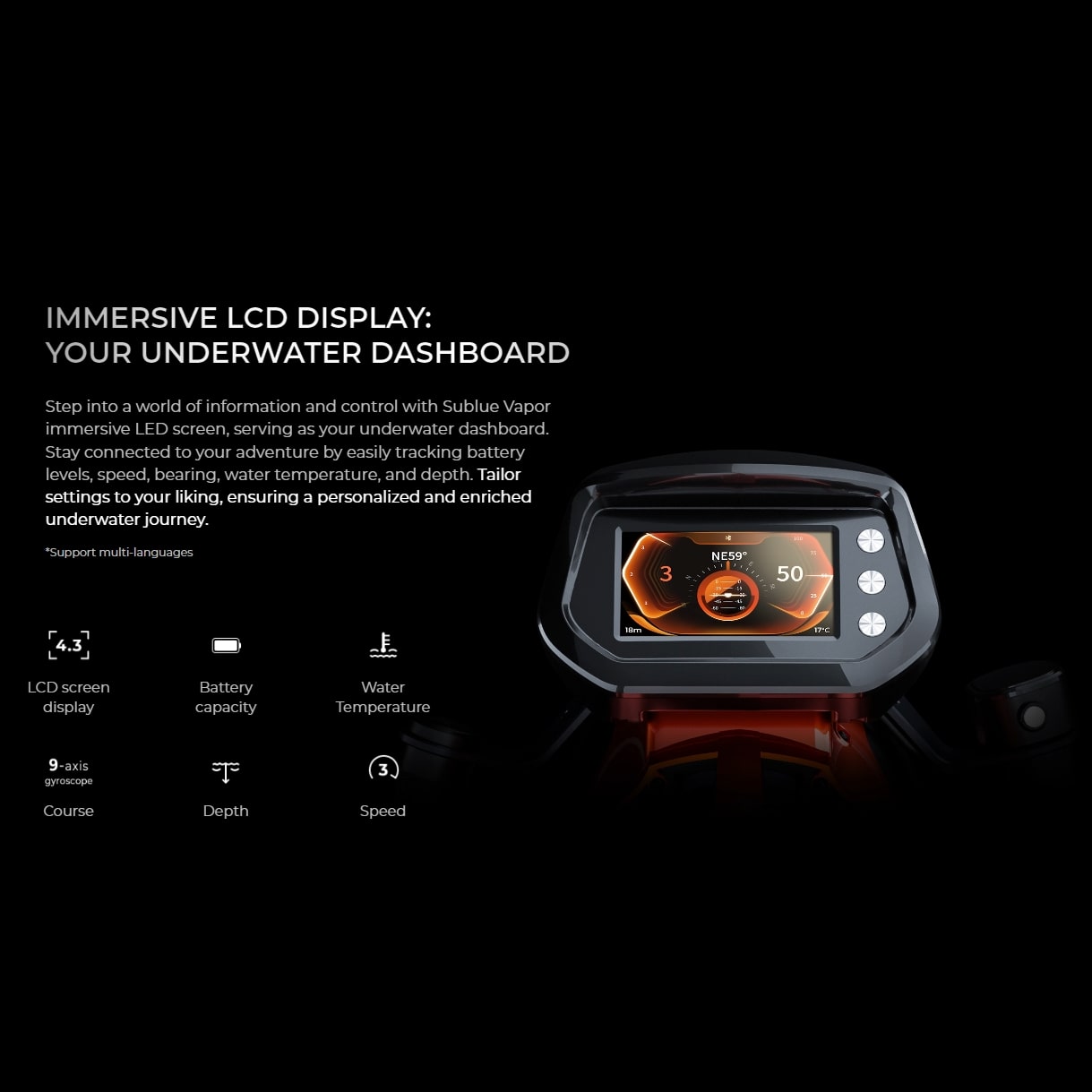 Sublue Vapor Underwater Scooter LCD dashboard display features.