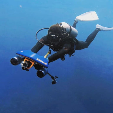Scuba diving with Sublue WhiteShark Mix Underwater Scooter in Space Blue.