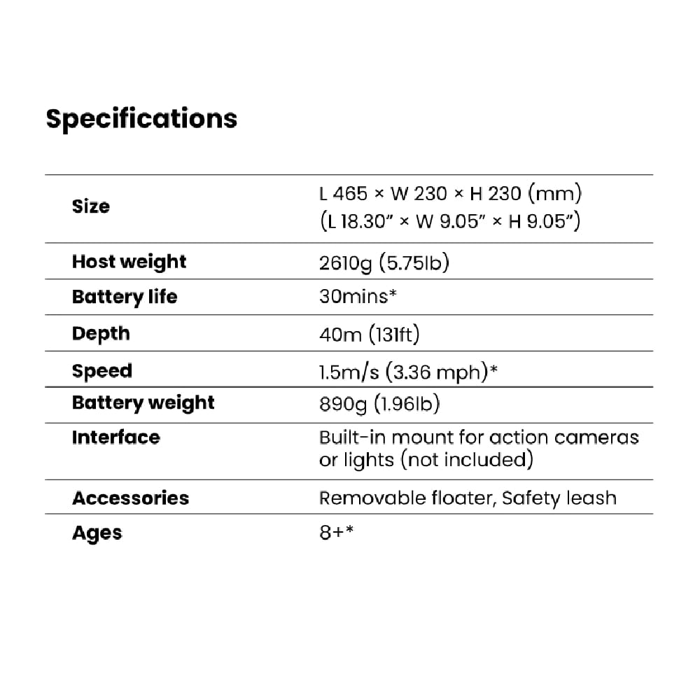 Sublue WhiteShark Mix Underwater Scooter specifications.